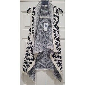NWT Southwestern Aztec Knit Vest Waterfall Open Front Cardigan Boho Black Ivory